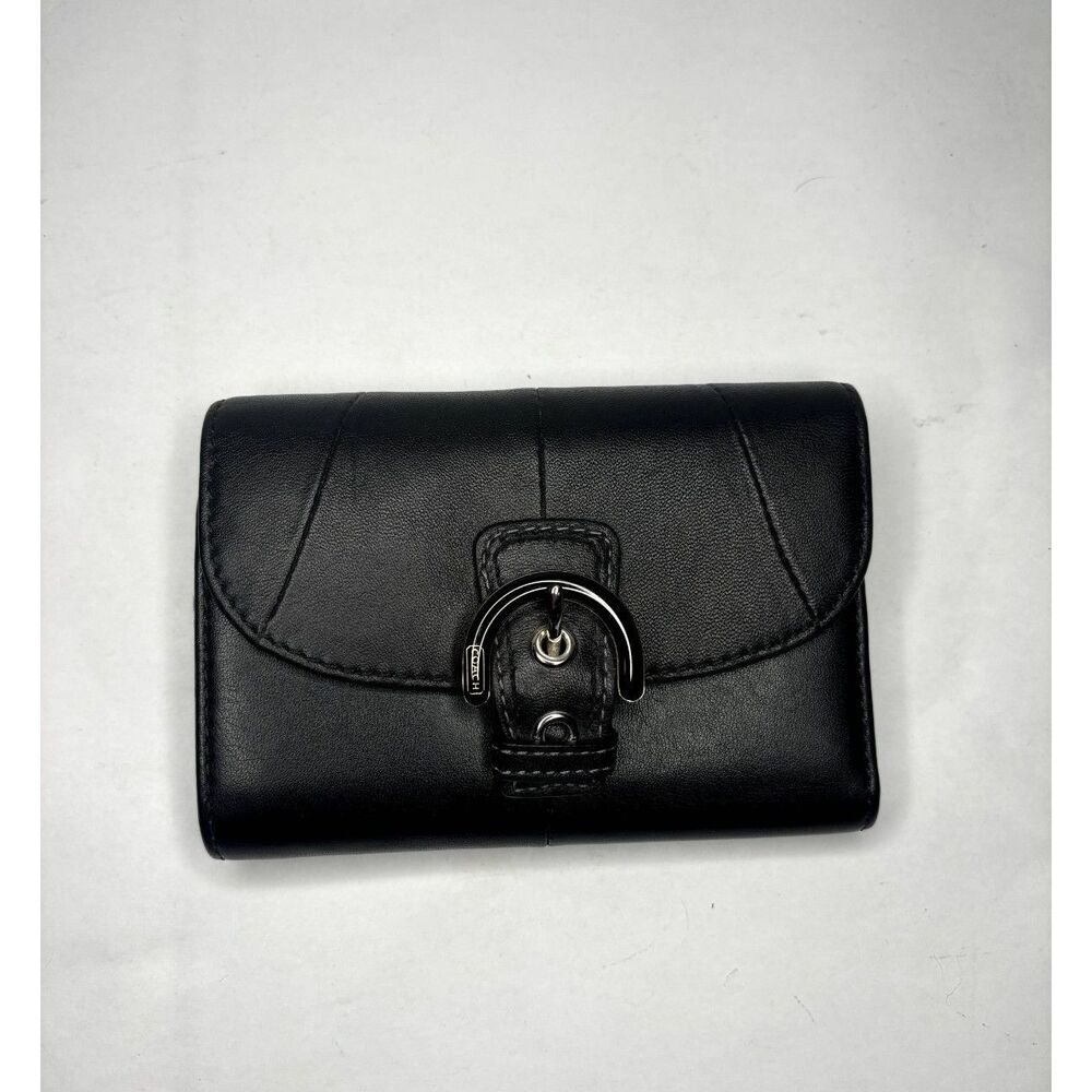 Coach Black Smooth Leather Multiple Compartment Gloss Buckle Flap Bifold Wallet